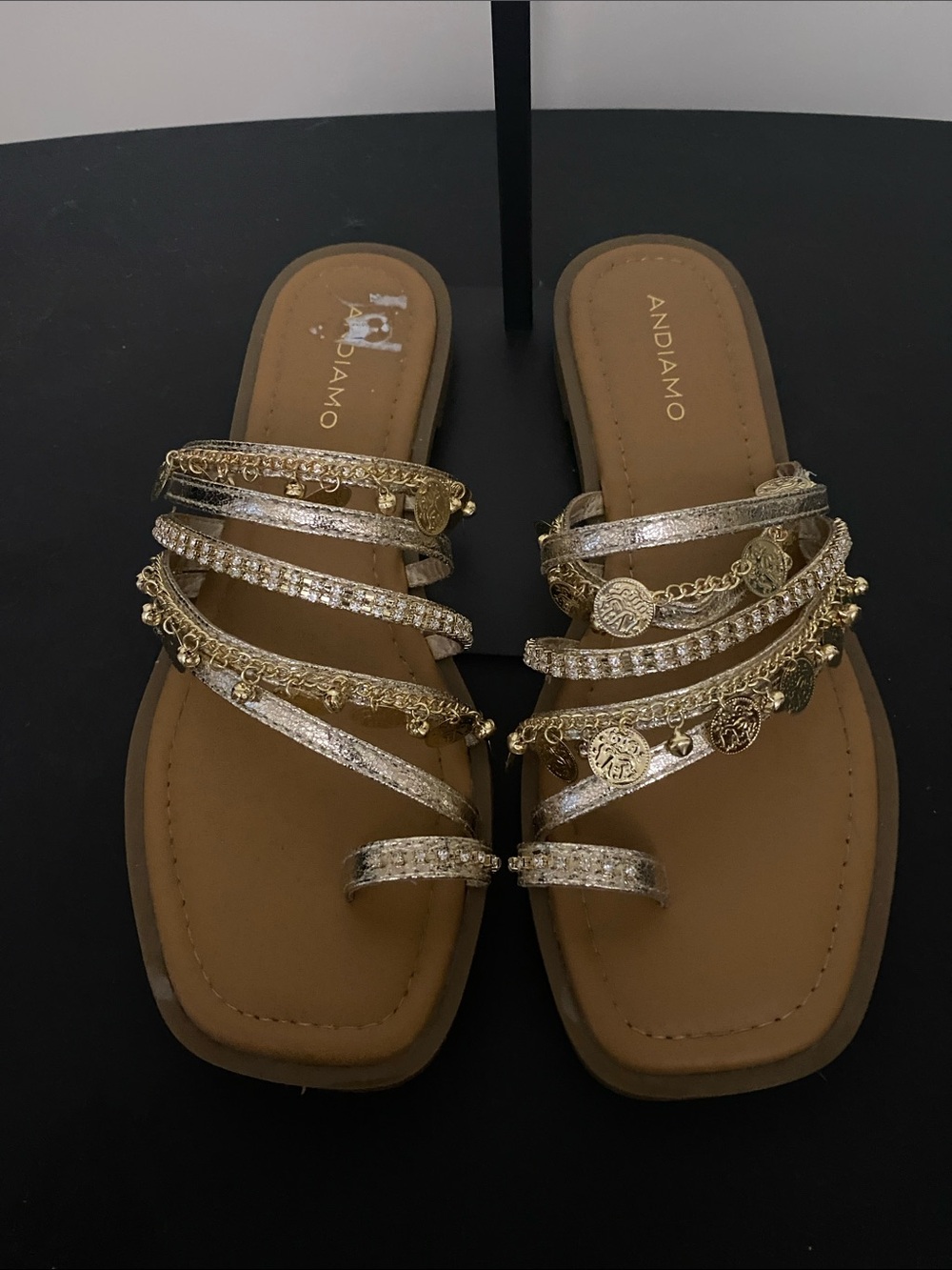 Andiamo Gold Coin Charm Strappy Slide Sandals